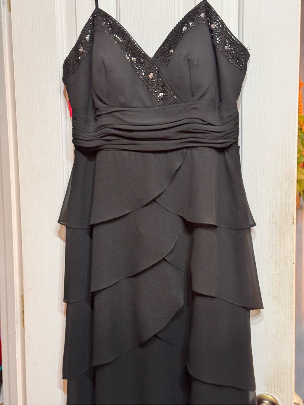Patra Black Strapless Tiered Evening Dress with Sequin Trim